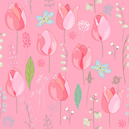 Seamless pattern with different cute flowers, tulips and herbs. Endless texture for romantic design and decoration.のイラスト素材