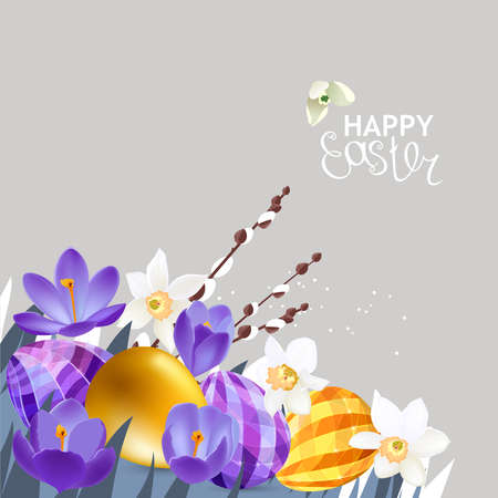 Festive greeting card with easter eggs and spring crocuses. Easter floral template for your design.のイラスト素材