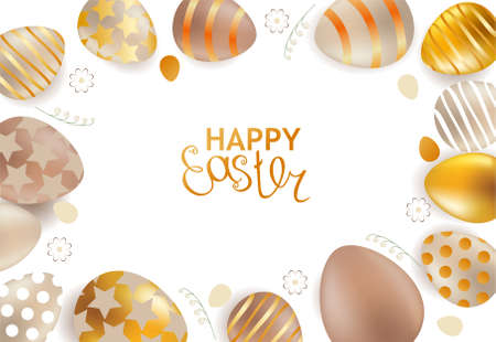Festive greeting card with golden eggs. Easter floral template for your design.のイラスト素材