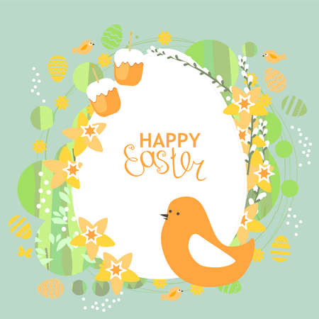 Festive greeting card with easter bird and spring flowers. Easter floral template for your design.のイラスト素材