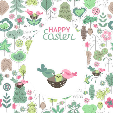 Festive greeting card with easter birds and spring trees. Easter floral template for your design.のイラスト素材