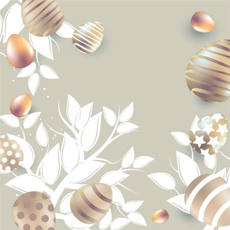 Festive greeting card with golden eggs and tree branches. Easter floral template for your design.のイラスト素材
