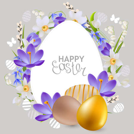 Festive greeting card with easter eggs and spring crocuses. Easter floral template for your design.のイラスト素材