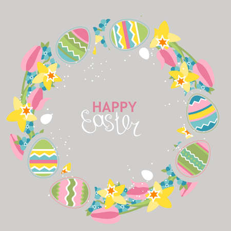 Festive greeting card with easter eggs and spring wreath with flowers. Easter floral template for your design.のイラスト素材