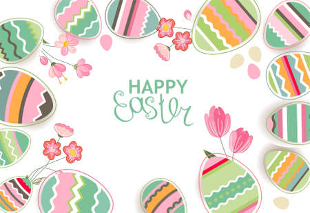 Festive greeting card with easter eggs and spring flowers. Easter floral template for your design.のイラスト素材