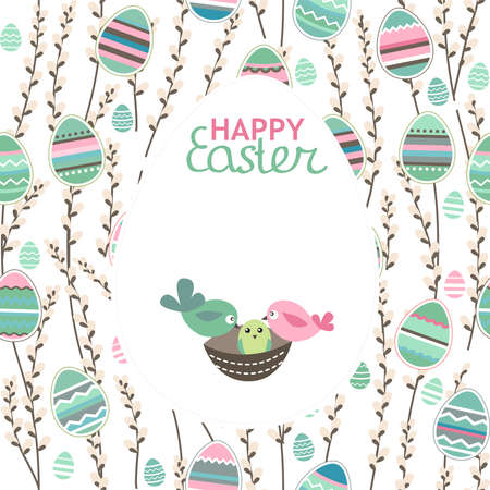 Festive greeting card with easter eggs and spring birds. Easter floral template for your design.のイラスト素材