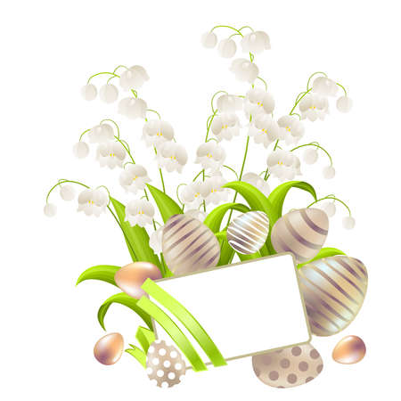 Bunch of lilies of the valley and eggs. Easter floral template for your design.のイラスト素材
