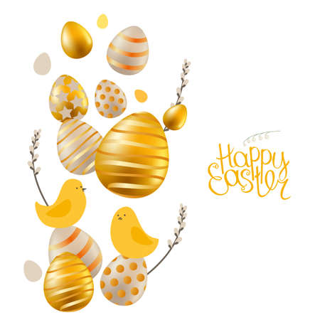Festive greeting card with golden eggs and spring flowers. Easter floral template for your design.のイラスト素材