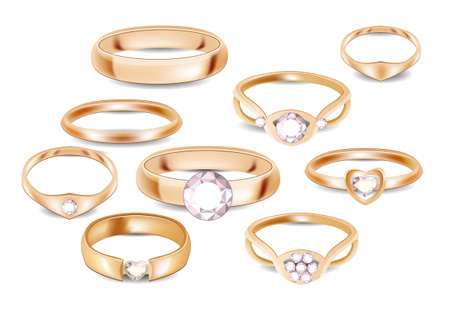 Set with different platinum and gold rings with diamonds isolated on white background. Template for fashion, wedding and romantic designのイラスト素材