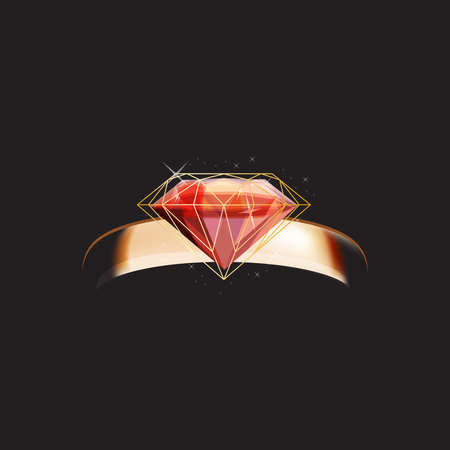 Golden ring with ruby on black background. Template for fashion, wedding and romantic designのイラスト素材