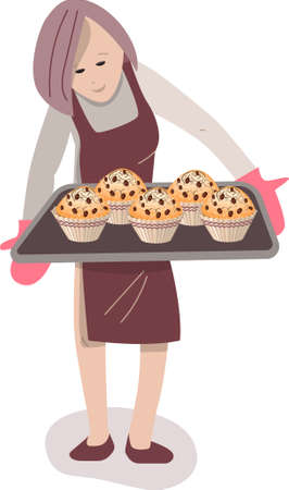 Young woman cooking cupcakes at home. Lifestyle and hobby. Illustration can be used for cafe menu and food design templates.のイラスト素材
