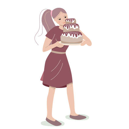 Young woman holding big chocolate cake. Lifestyle and hobby. Illustration can be used for cafe menu...