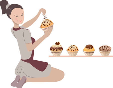 Young woman decorating pastry chocolate muffins at home. Lifestyle and hobby. Illustration can be used for cafe menu and food design templates.のイラスト素材