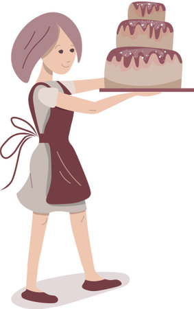 Young baker carrying big chocolate cake. Lifestyle and hobby. Illustration can be used for cafe menu...