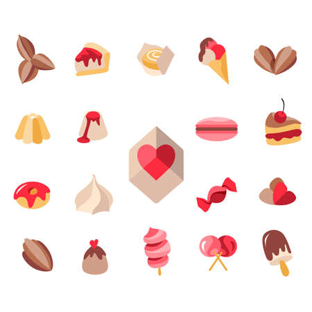 Stylized sweets and pasty for food industry. Set with different abstract trendy symbols. Modern logotypes for your design projects. Flat style.のイラスト素材