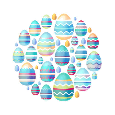Round template with festive Easter elements, painted eggs. Circle with cute childish ornament. Pretty illustration can be used as spring template.のイラスト素材