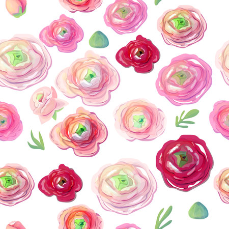 Seamless pattern with different romantic ranunculus on white background. Endless pattern with romantic bridal flowers. Illustration for your spring and summer design projects.のイラスト素材
