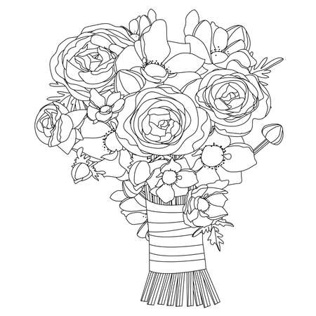 Stylized cute bunch with roses. Black lines, contour style. Illustration can be used for coloring books.のイラスト素材