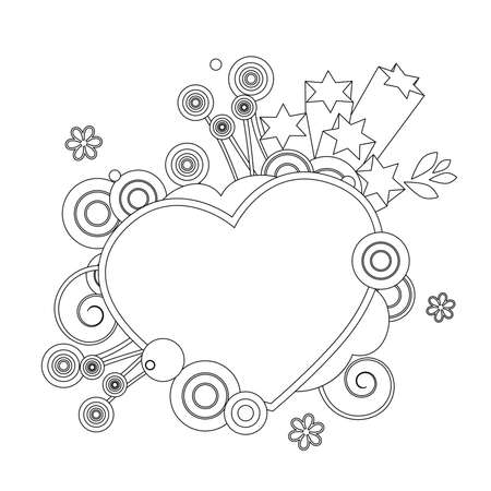 Black and white ornament with heart and decorative objects. Illustration can be used for coloring book and pictures for children.のイラスト素材