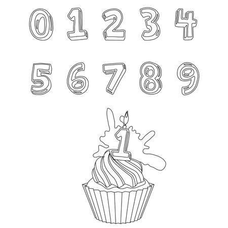 Black and white birthday party cake and stylized numbers. Illustration can be used for coloring book and pictures for children.のイラスト素材