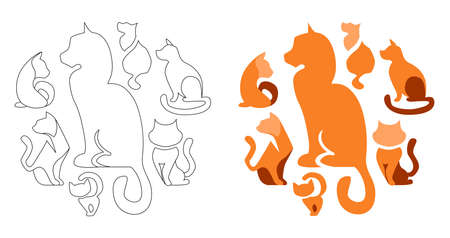 Stylized black and white and colored cats. Black lines, contour style. Illustration can be used for coloring books.のイラスト素材