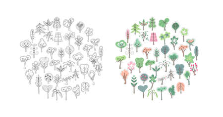 Black and white and colored circle with decorative trees. Illustration can be used for coloring book and pictures for children.のイラスト素材