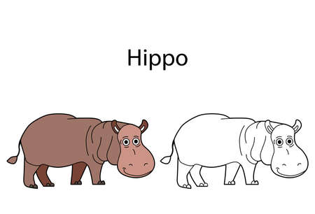 Funny cute animal hippo isolated on white background. Linear, contour, black and white and colored version. Illustration can be used for coloring book and pictures for childrenのイラスト素材