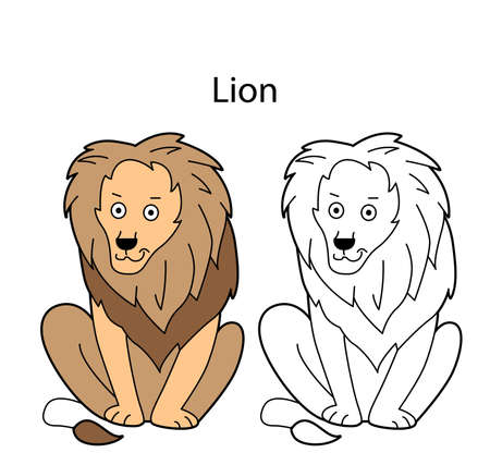 Funny cute animal lion isolated on white background. Linear, contour, black and white and colored version. Illustration can be used for coloring book and pictures for childrenのイラスト素材