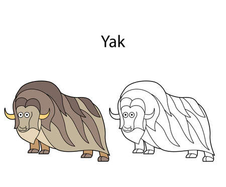 Funny cute animal yak isolated on white background. Linear, contour, black and white and colored version. Illustration can be used for coloring book and pictures for childrenのイラスト素材