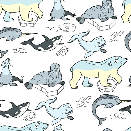 Endless texture with cute funny animals and fishes living in cold water and north ocean. Seamless pattern with polar bear for kid designのイラスト素材
