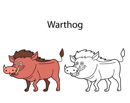 Funny cute animal warthog isolated on white background. Linear, contour, black and white and colored version. Illustration can be used for coloring book and pictures for childrenのイラスト素材