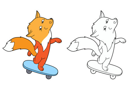 Small cute fox skating. Illustration with pretty animal on white background. Picture can be used for coloring books for childrenのイラスト素材