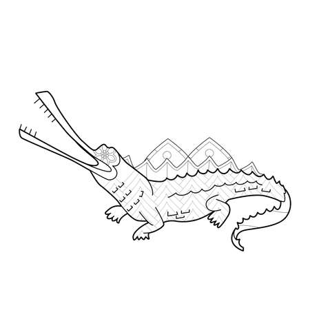 Contour linear illustration with animal for coloring book. Cute crocodile, anti stress picture.のイラスト素材