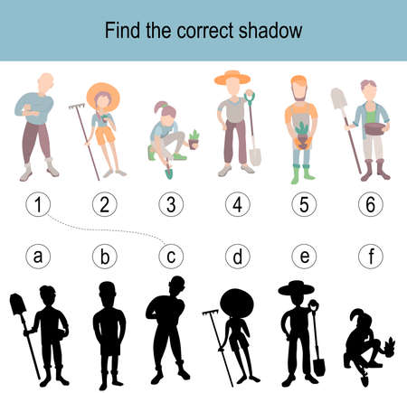 Find the correct shadow puzzle with gardeners. Illustration can be used as logic game for children.のイラスト素材