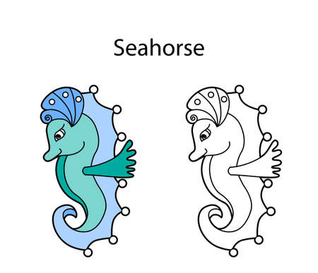 Funny cute fish seahorse isolated on white background. Linear, contour, black and white and colored version. Illustration can be used for coloring book and pictures for childrenのイラスト素材