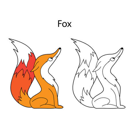 Funny cute animal fox isolated on white background. Linear, contour, black and white and colored version. Illustration can be used for coloring book and pictures for childrenのイラスト素材