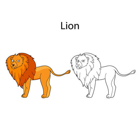 Funny cute animal lion isolated on white background. Linear, contour, black and white and colored version. Illustration can be used for coloring book and pictures for childrenのイラスト素材
