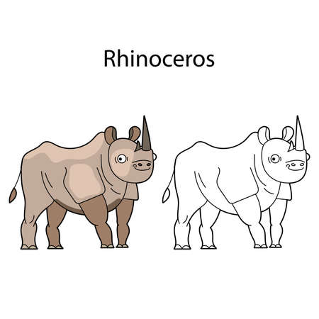 Funny cute animal rhinoceros isolated on white background. Linear, contour, black and white and colored version. Illustration can be used for coloring book, design template and pictures for childrenのイラスト素材