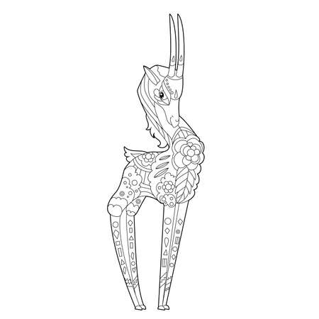 Contour linear illustration for coloring book with decorative ibex. Beautiful capricorn, anti stress picture. Line art design for adult or kids in zen-tangle style, tatoo and coloring page.のイラスト素材