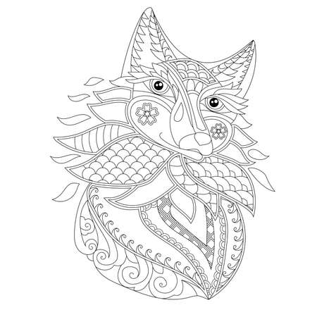 Contour linear illustration for coloring book with decorative fox head. Beautiful animal, anti stress picture. Line art design for adult or kids in zen-tangle style, tattoo and coloring page.のイラスト素材
