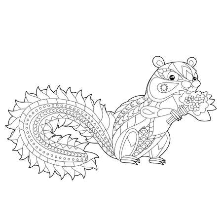 Cute chipmunk with flowers. Doodle style, black and white background. Funny animal, coloring book pages.のイラスト素材