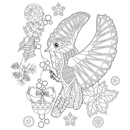 Cute Christmas bird with berries. Winter holiday decoration. Black and white elements. Traditional decor for season design. Hand drawn illustration for children and adults, coloring books and tattoo.のイラスト素材