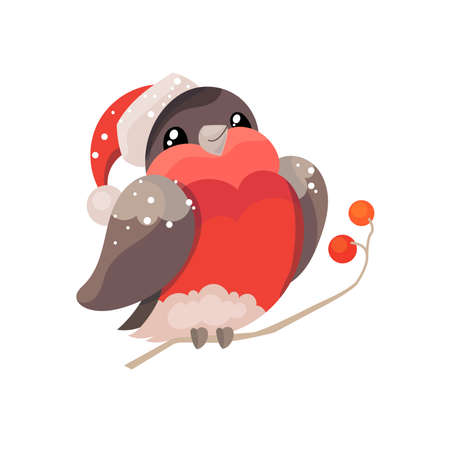 Cute bird red bullfinch on branch. Winter Christmas bird with snow. Funny character isolated on white background. Winter illustration for children and adults.のイラスト素材