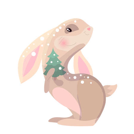 Cute animal rabbit with green fir tree. Christmas festive illustration. Funny character isolated on white background. Winter illustration for children and adults.のイラスト素材