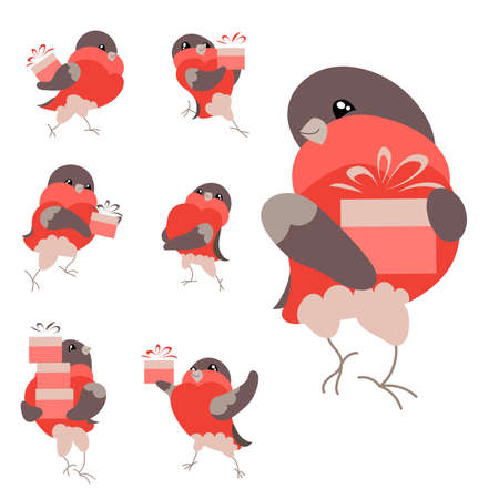 Cute birds bullfinches with gift boxes. Christmas festive illustration. Funny characters isolated on white background. Winter illustration for children and adults.のイラスト素材