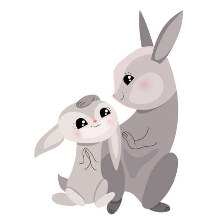 Cute animals rabbits. Festive illustration with two loving rabbits. Funny characters isolated on white background. Cute illustration for children and adults.のイラスト素材