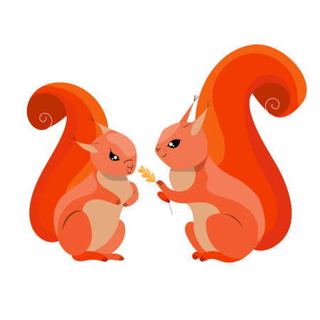 Cute characters squirrels. Funny animals in forest. Object isolated on white background.のイラスト素材