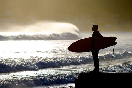 surfer with surfboard looking at waves