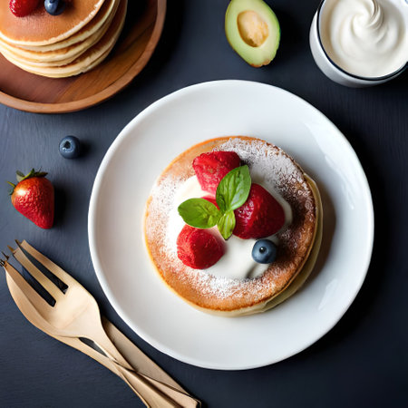 Pancakes with berries and sour cream on a black background.の素材