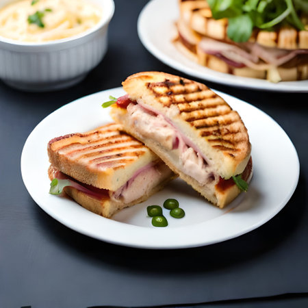 Sandwiches with ham, cheese and vegetables on a black backgroundの素材